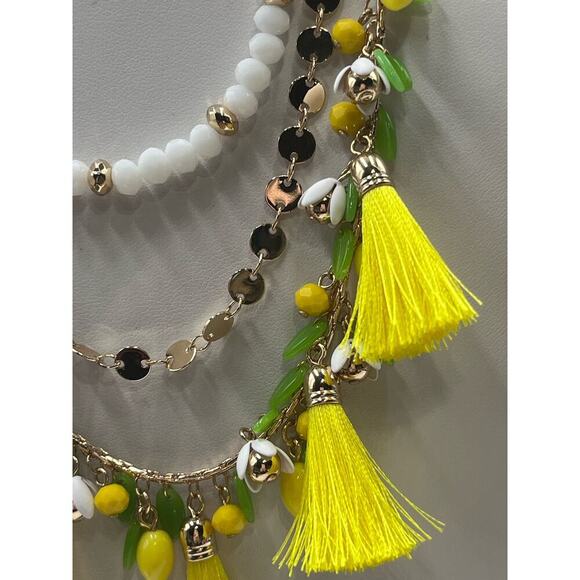 Lilly Pulitzer Triple Strand Lemon Grove Yellow Tassel Green Leaves Necklace New - Picture 6 of 16